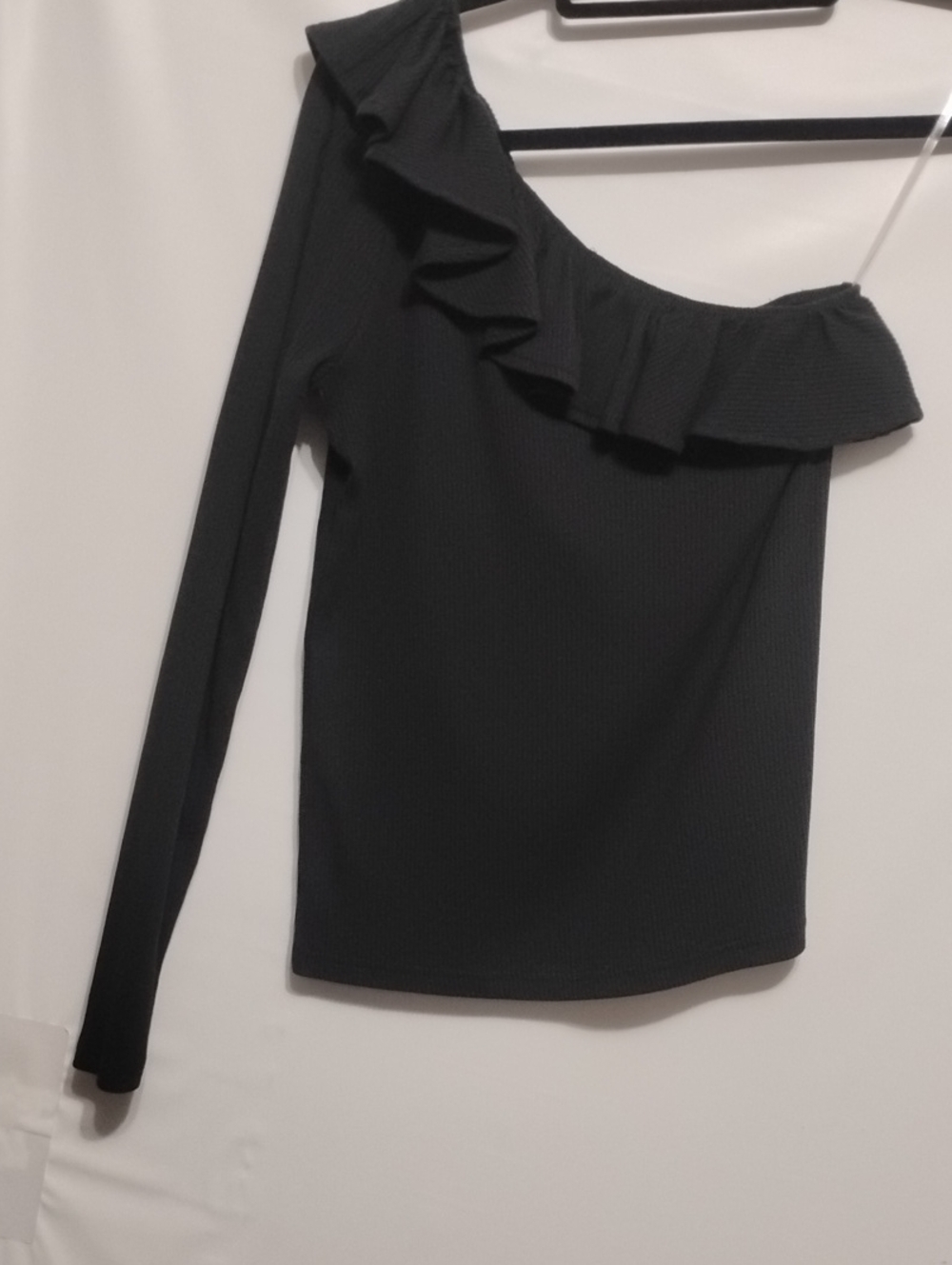 J. Crew Black One-Shoulder Ruffle Long Sleeve Top In Vintage Rib